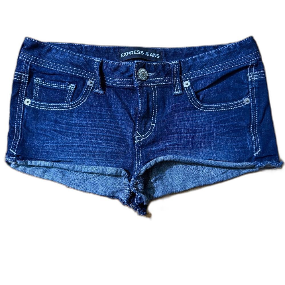 Express Shortie Dark Denim Cutoff Jean Shorts Stretchy Raw Hem Low Rise Size 8